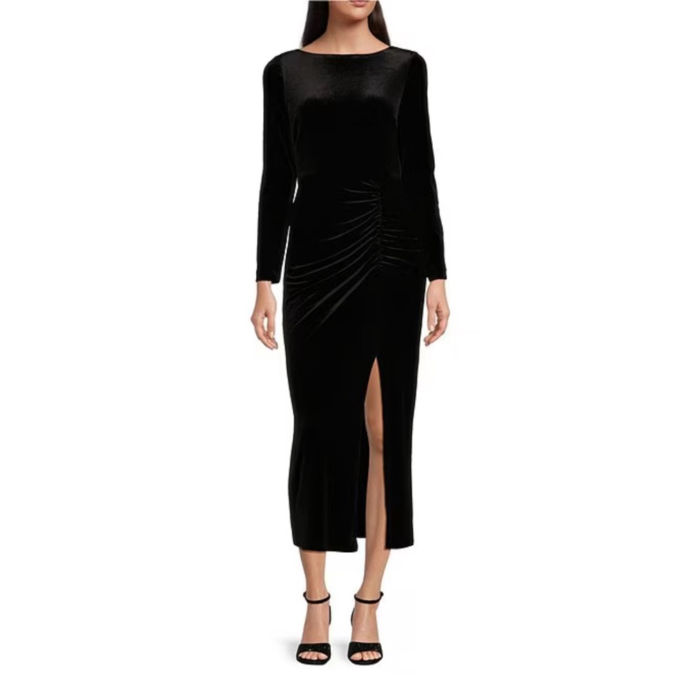Alex Marie Black Velvet Ruched Midi Dress - NWT - size 12